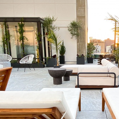 Rooftop deck with lots of plants and lounge spaces Rooftop deck with lots of plants and lounge spaces